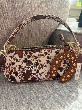 Betsey Johnson Cow-Print Mini Shoulder Bag in Brown and Cream w/bag charm